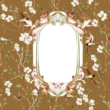 Çiçekli Chinoiserie düğün kartı, kuşlar ve çiçekler. Görüntü