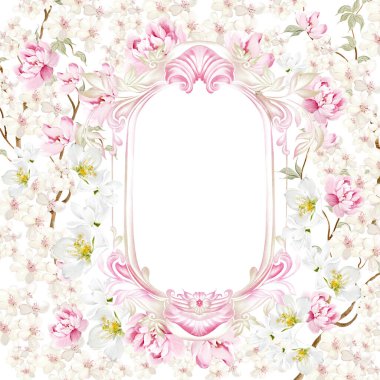 Çiçekli Chinoiserie düğün kartı, kuşlar ve çiçekler. Görüntü