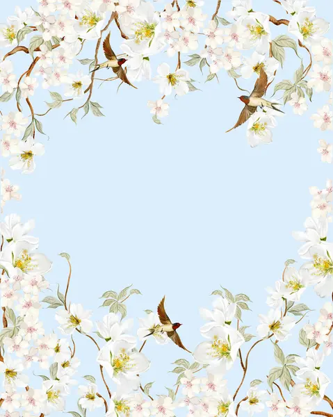 Çiçekli Chinoiserie düğün kartı, kuşlar ve çiçekler. Görüntü