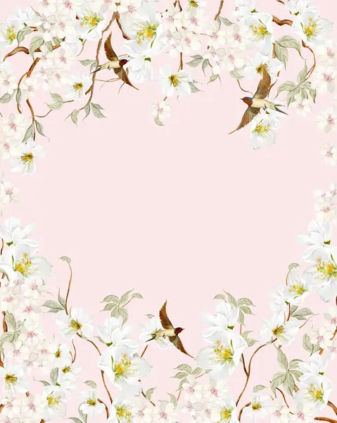 Çiçekli Chinoiserie düğün kartı, kuşlar ve çiçekler. Görüntü