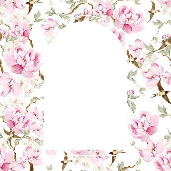 Çiçekli Chinoiserie düğün kartı, kuşlar ve çiçekler. Görüntü