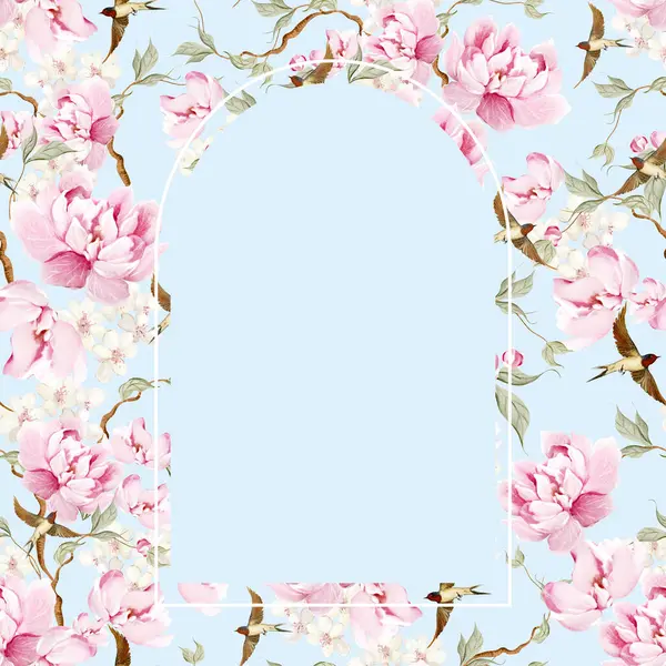 Çiçekli Chinoiserie düğün kartı, kuşlar ve çiçekler. Görüntü