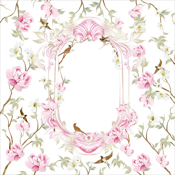Çiçekli Chinoiserie düğün kartı, kuşlar ve çiçekler. Görüntü