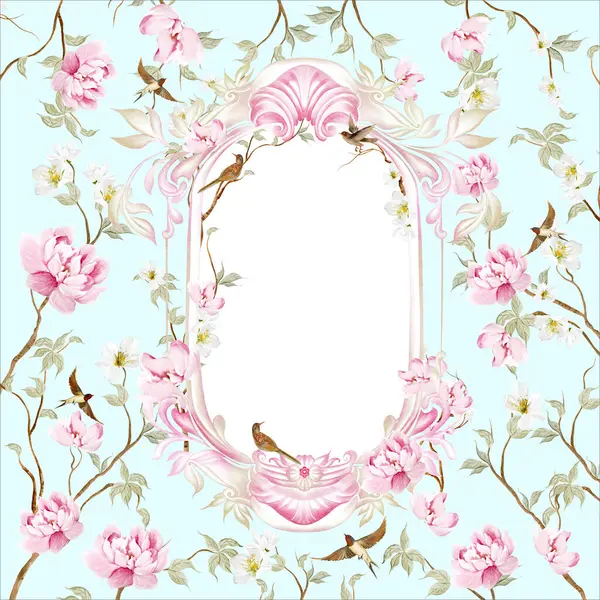 Çiçekli Chinoiserie düğün kartı, kuşlar ve çiçekler. Görüntü