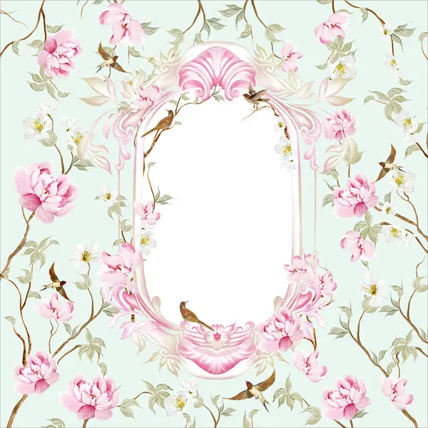 Çiçekli Chinoiserie düğün kartı, kuşlar ve çiçekler. Görüntü