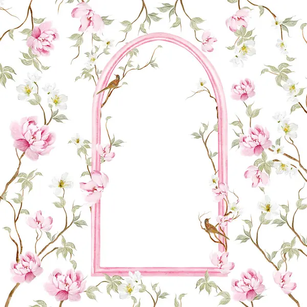 Çiçekli Chinoiserie düğün kartı, kuşlar ve çiçekler. Görüntü