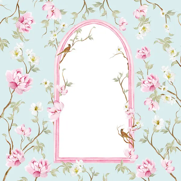 Çiçekli Chinoiserie düğün kartı, kuşlar ve çiçekler. Görüntü