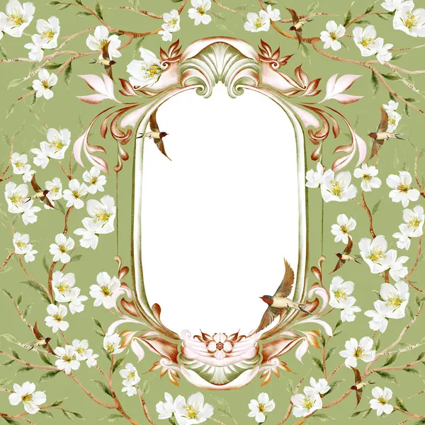 Çiçekli Chinoiserie düğün kartı, kuşlar ve çiçekler. Görüntü