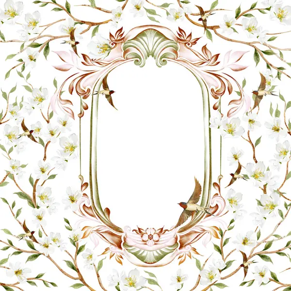 Çiçekli Chinoiserie düğün kartı, kuşlar ve çiçekler. Görüntü