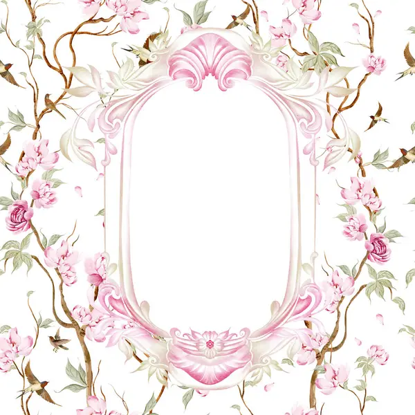 Çiçekli Chinoiserie düğün kartı, kuşlar ve çiçekler. Görüntü