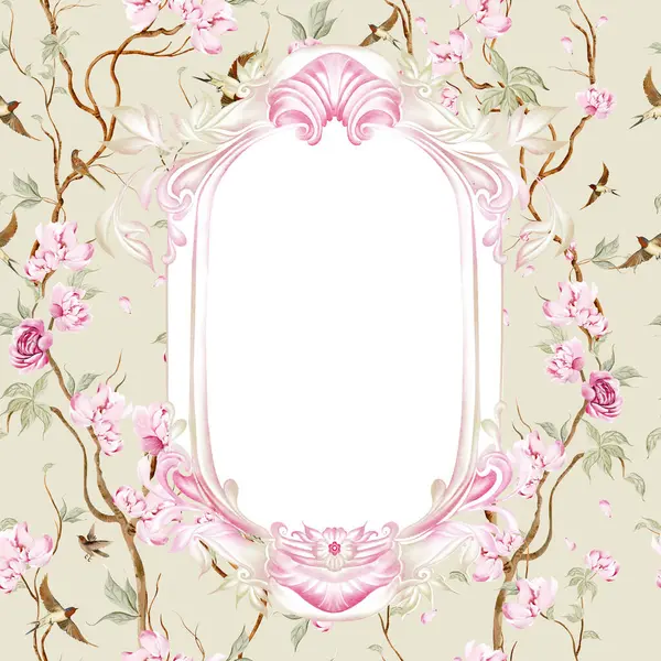 Çiçekli Chinoiserie düğün kartı, kuşlar ve çiçekler. Görüntü