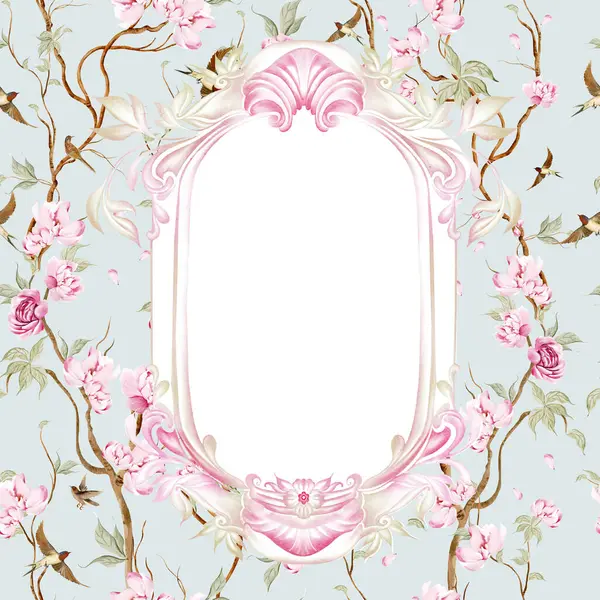 Çiçekli Chinoiserie düğün kartı, kuşlar ve çiçekler. Görüntü