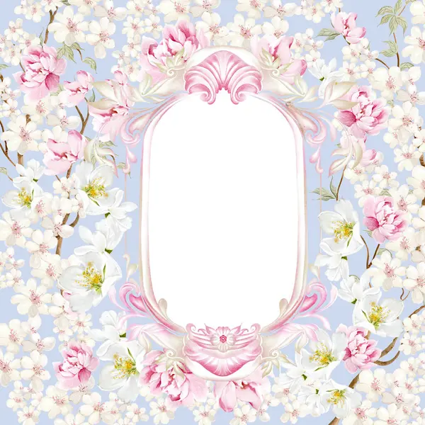 Çiçekli Chinoiserie düğün kartı, kuşlar ve çiçekler. Görüntü