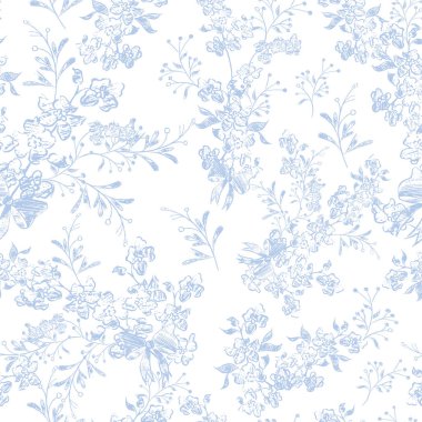 Klasik Toile de Jouy elementleri mavi renkte ayarlandı. resimleme