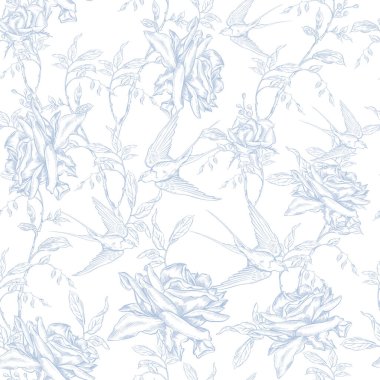 Klasik Toile de Jouy elementleri mavi renkte ayarlandı. resimleme