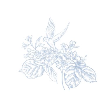 Klasik Toile de Jouy elementleri mavi renkte ayarlandı. resimleme