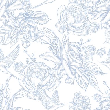 Klasik Toile de Jouy elementleri mavi renkte ayarlandı. resimleme