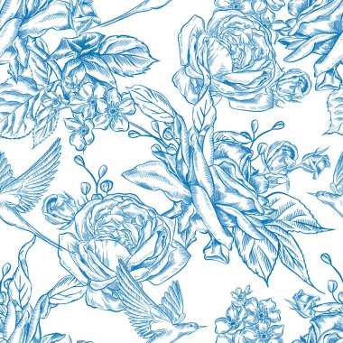 Klasik Toile de Jouy elementleri mavi renkte ayarlandı. resimleme