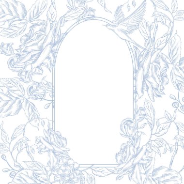 Klasik Toile de Jouy elementleri mavi renkte ayarlandı. resimleme