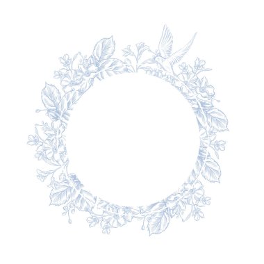 Klasik Toile de Jouy elementleri mavi renkte ayarlandı. resimleme