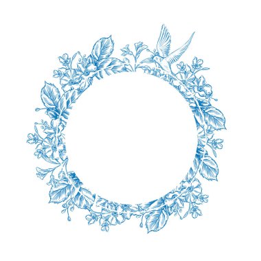 Klasik Toile de Jouy elementleri mavi renkte ayarlandı. resimleme