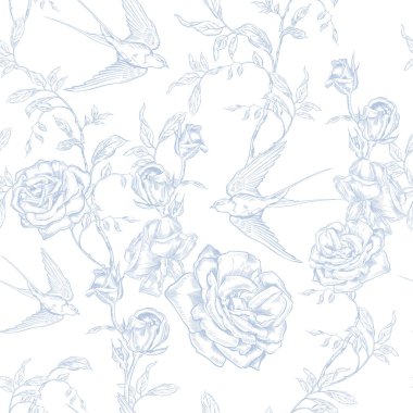 Klasik Toile de Jouy elementleri mavi renkte ayarlandı. resimleme