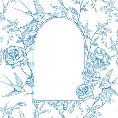 Klasik Toile de Jouy elementleri mavi renkte ayarlandı. resimleme