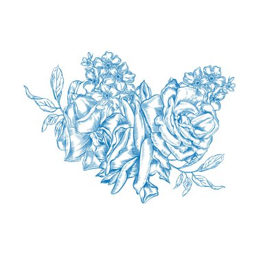 Klasik Toile de Jouy elementleri mavi renkte ayarlandı. resimleme