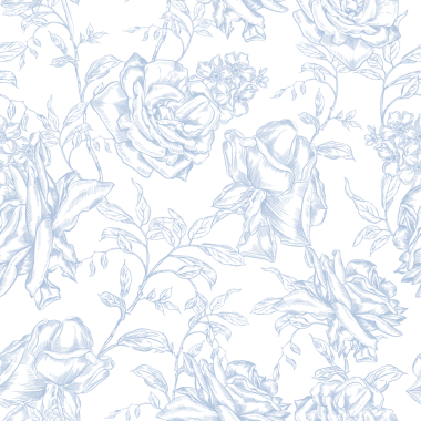 Mavi Güller ve Kırlangıçlarla klasik Toile de Jouy Destern. Kusursuz çiçek ve kuş çizimi