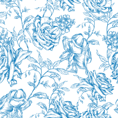 Mavi Güller ve Kırlangıçlarla klasik Toile de Jouy Destern. Kusursuz çiçek ve kuş çizimi