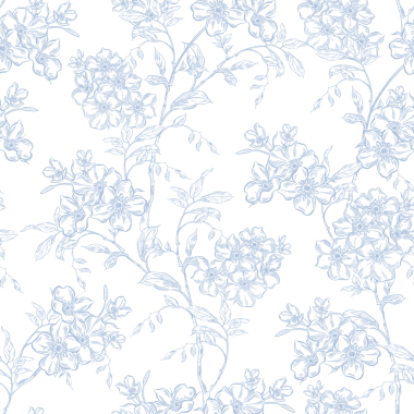 Mavi Güller ve Kırlangıçlarla klasik Toile de Jouy Destern. Kusursuz çiçek ve kuş çizimi