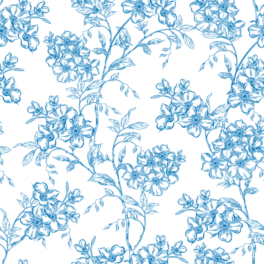 Mavi Güller ve Kırlangıçlarla klasik Toile de Jouy Destern. Kusursuz çiçek ve kuş çizimi