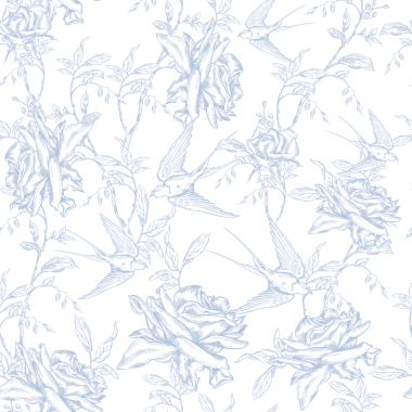 Mavi Güller ve Kırlangıçlarla klasik Toile de Jouy Destern. Kusursuz çiçek ve kuş çizimi