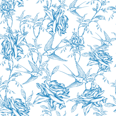 Mavi Güller ve Kırlangıçlarla klasik Toile de Jouy Destern. Kusursuz çiçek ve kuş çizimi