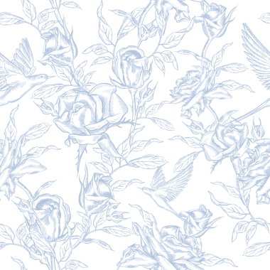 Mavi Güller ve Kırlangıçlarla klasik Toile de Jouy Destern. Kusursuz çiçek ve kuş çizimi