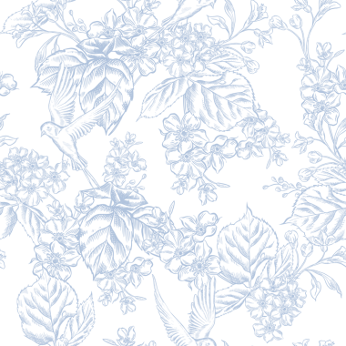 Mavi Güller ve Kırlangıçlarla klasik Toile de Jouy Destern. Kusursuz çiçek ve kuş çizimi