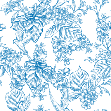 Mavi Güller ve Kırlangıçlarla klasik Toile de Jouy Destern. Kusursuz çiçek ve kuş çizimi