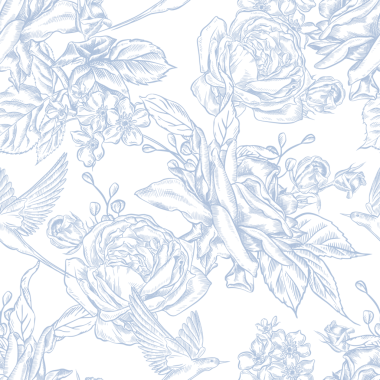 Mavi Güller ve Kırlangıçlarla klasik Toile de Jouy Destern. Kusursuz çiçek ve kuş çizimi