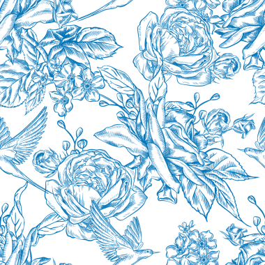 Mavi Güller ve Kırlangıçlarla klasik Toile de Jouy Destern. Kusursuz çiçek ve kuş çizimi