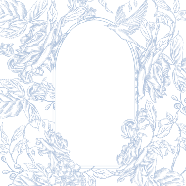 Mavi çiçekler ve Kırlangıçların olduğu eski Toile de Jouy kartı. Kusursuz çiçek ve kuş çizimi