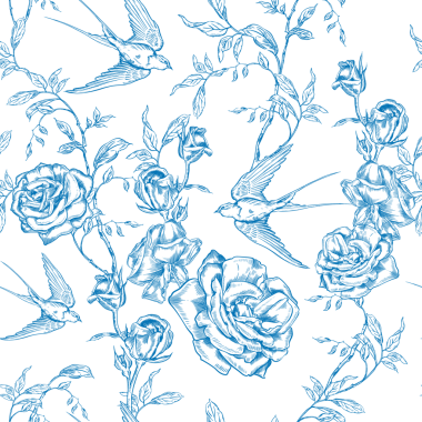 Mavi Güller ve Kırlangıçlarla klasik Toile de Jouy Destern. Kusursuz çiçek ve kuş çizimi