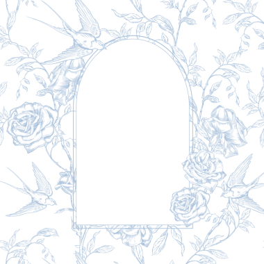 Mavi çiçekler ve Kırlangıçların olduğu eski Toile de Jouy kartı. Kusursuz çiçek ve kuş çizimi