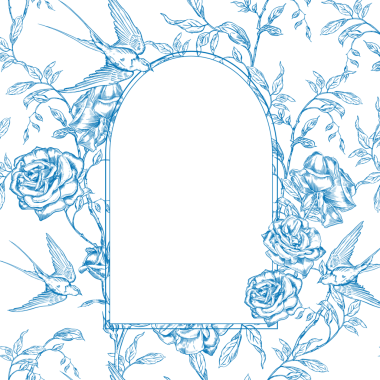 Mavi çiçekler ve Kırlangıçların olduğu eski Toile de Jouy kartı. Kusursuz çiçek ve kuş çizimi