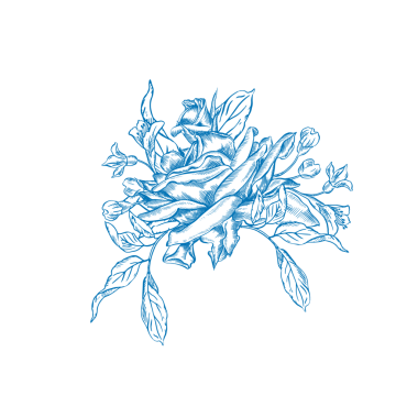 Mavi çiçekli ve Kırlangıçlı klasik Toile de Jouy buketi. Kusursuz çiçek ve kuş çizimi