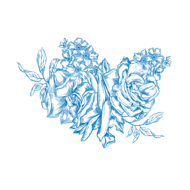 Mavi çiçekli ve Kırlangıçlı klasik Toile de Jouy buketi. Kusursuz çiçek ve kuş çizimi