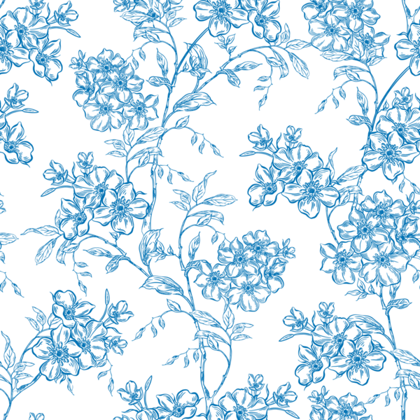 Mavi Güller ve Kırlangıçlarla klasik Toile de Jouy Destern. Kusursuz çiçek ve kuş çizimi