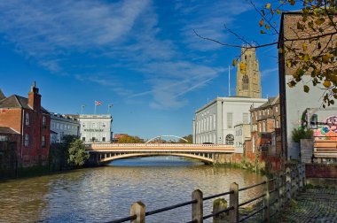 The Town Bridge across the river Haven with the White Hart Hotel and stump in the background in Boston Lincolnshire
