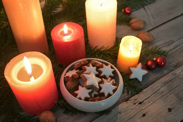 Cinnamon Star Cookies Glowing Candles Fir Tree Branches Decoration Advent — Stock Photo, Image