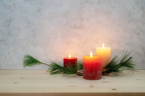 Three Candles Lit Third Advent Pine Branch Simple Minimal Decoration — Stock Photo, Image