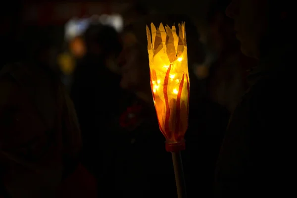 Handgjord Ficklampa Från Transparent Papper Och Älva Ljus Traditionell Procession — Stockfoto
